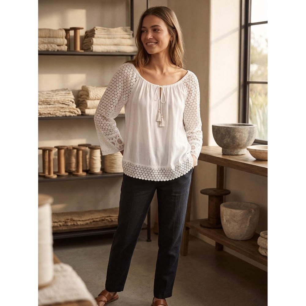 Hale Bob White Crochet Lace Peasant Blouse Tassel Tie Long Sleeve Top M